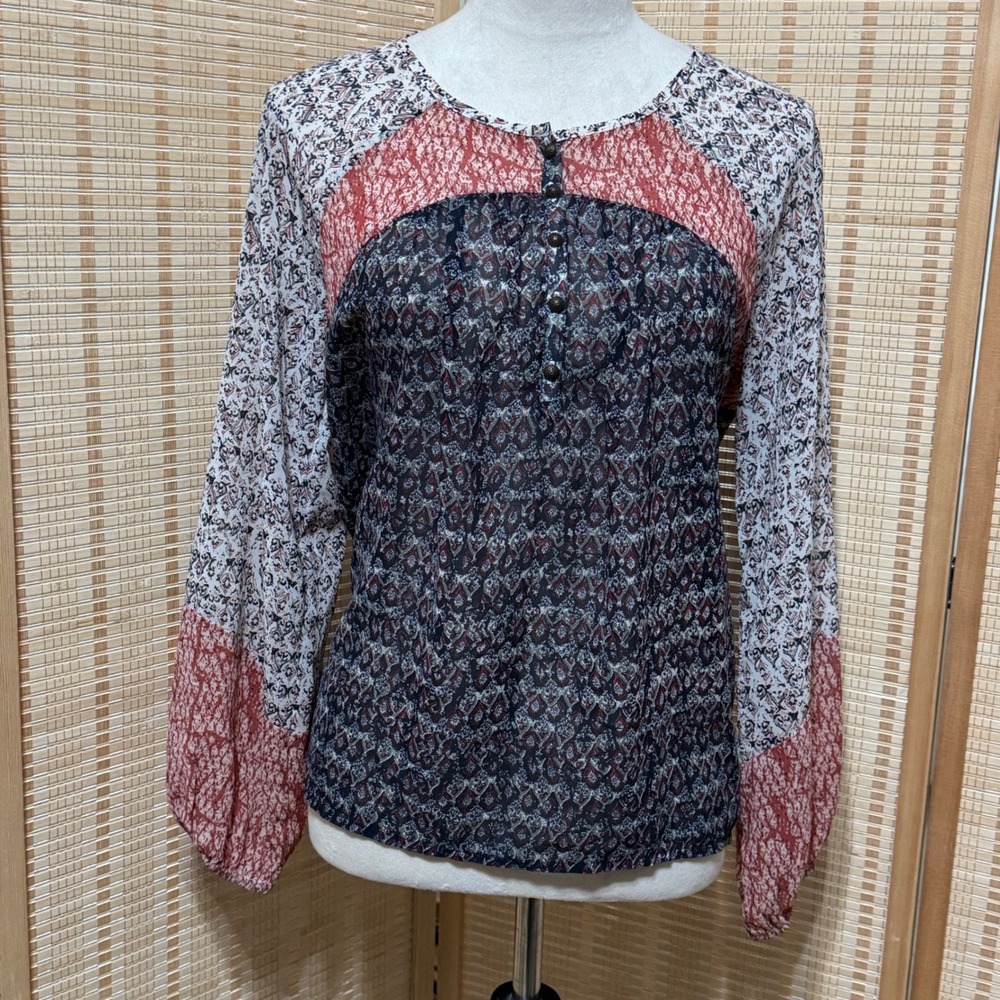 Lucky Brand Womens Navy Rust Patchwork Mixed Print Peasant Blouse Small